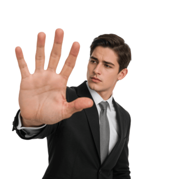 A businessman extends an arm with an open palm, a gesture of caution and control on neutral display png