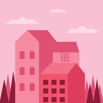 rojo edificios arboles y nubes en un sencillo estilo. vector