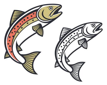 Illustration of two jumping fish in retro style with a color version and black and white outline vector