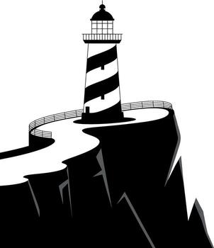 Black and white lighthouse on a cliff with a winding path and railing monochrome vector