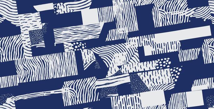 Japanese inspired seamless pattern featuring hand drawn stripes, waves, and dots in an abstract, modern style. Perfect for textiles, backgrounds, and digital art. vector