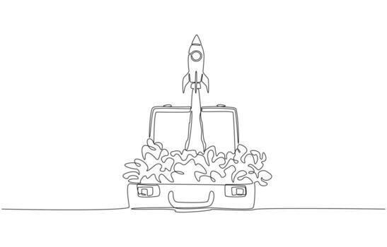 Continuous one line drawing of a rocket launching out of an open briefcase, symbolizing innovation, entrepreneurship, startup energy concept, single line art vector