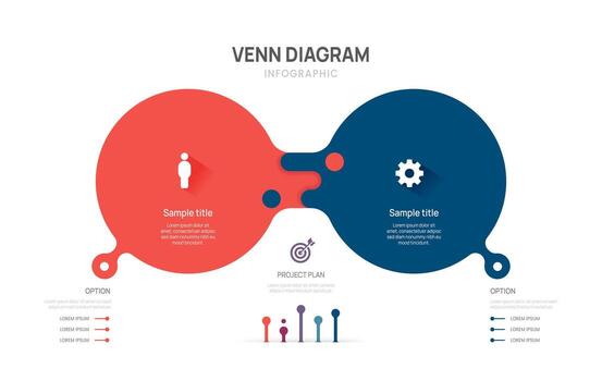 Venn diagram business infographic circle chart template 2 steps options, presentation with venn diagram elements illustration. vector