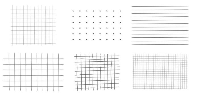 Set Graph crayon hand drawn textured set square grid for note, geometric line texture. Collection Crayon or pencil stripes, dots for bullet journal pages. vector
