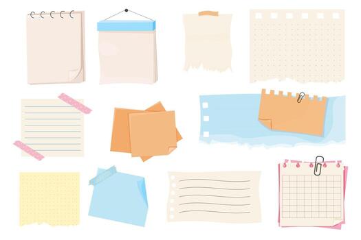 Different notes papers, memo pages with paper clip and adhesive tape. Set sticky remind blanks, sheets, stickers. Checklist ripped torn edge paper. vector
