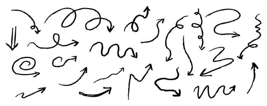 Arrow crayon collection chalk hand drawn doodle grunge line set. Cursor scribble wavy swirl, comic simple element. Spiral textured direction pointer. vector