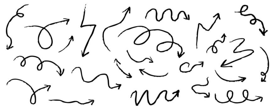 Crayon arrow chalk hand drawn doodle grunge line set. Cursor scribble wavy swirl, comic simple element. Spiral textured direction pointer. vector