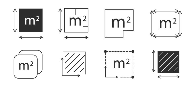 Square meter icon set line quantity area, m2 measuring area sign symbol. Simple territory measurement. Flat area square meter. vector