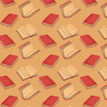 Pattern of open and closed books on warm background. Flat cartoon style design perfect for school, reading, education and autumn-themed projects. vector