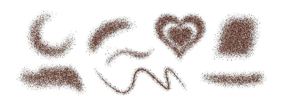 café polvo resumen formas recopilación. realista 3d gránulo salpicaduras en corazón, curva, remolino, y Mancha formularios polvo textura conjunto vector