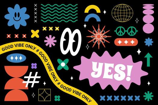 Retro abstract collage with groovy design, vibrant geometric shapes, inspirational text, and playful elements like clouds, stars, waves, and flowers inspired by Swiss, Bauhaus, and Memphis styles vector