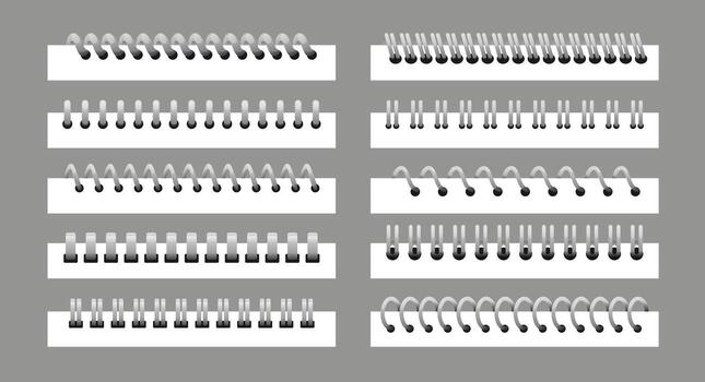 conjunto de metal aglutinante. realista plata o negro espiral bobinas para cuaderno. papel sábana titulares varios formas, 3d helicoidal fijación hojas conjunto y bloc de dibujo fijaciones anillos transparente antecedentes. vector
