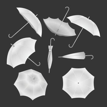 Set of white umbrella rain set collection isolated on black background with front, back and side view, Realistic white umbrella open and folded lying in different angles Branding vector