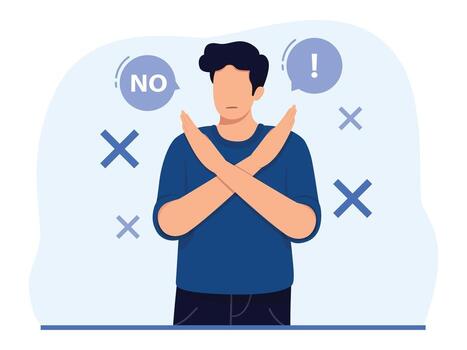 A man expressing rejection. People who make x-hand gestures, hold pickets that say no, and frown. Refuse gesture, negative expression vector
