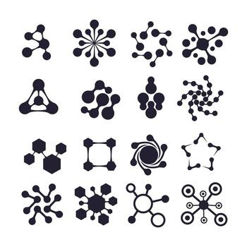 Set of silhouette Connected molecules set collection. Molecule connection model, chemistry particle color molecular structure. Biology connecting logo, dna connect diagram icon, illustration vector