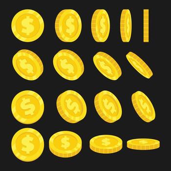 Cartoon Golden coin set collection with different view, Spin gold coin on white background, set of rotation icons at different angles for animation, business and commerce, payment and profit symbol. vector