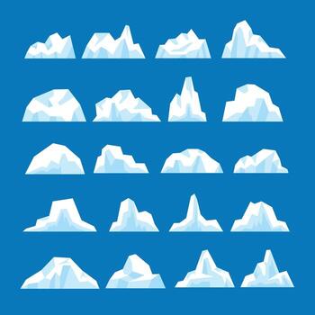 Set of icebergs collection on blue background, Iceberg floating in ocean, tip of the icebergs icon set, Antarctic cartoon ice, snowy mountains and cracked ice, frozen ice element illustration. vector