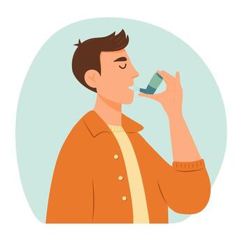 Man with asthma using an inhaler, asthma spray in his hand. World asthma day. Bronchial asthma. Allergy, asthmatic. Inhalation drug. cartoon flat illustration vector