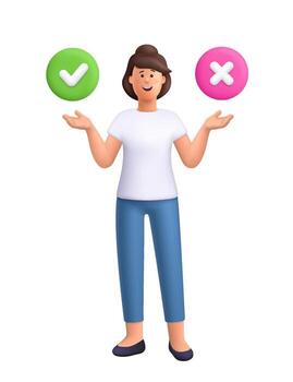 Young smiling woman Jane making decision between two options. Check mark and cross symbol. Choice, selection, decision making and comparison concept. 3d people character. Cartoon minimal style. vector