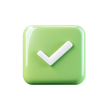 3d representación de un verde cuadrado con redondeado rincones y un marca de verificación en parte superior en contra un transparente brillo terminar png