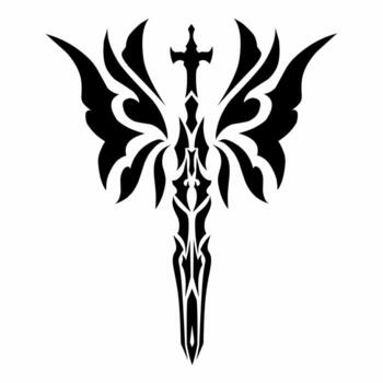 negrita tribal espada símbolo en un simétrico diseño, presentando agudo bordes y dinámica como una llama patrones. vector