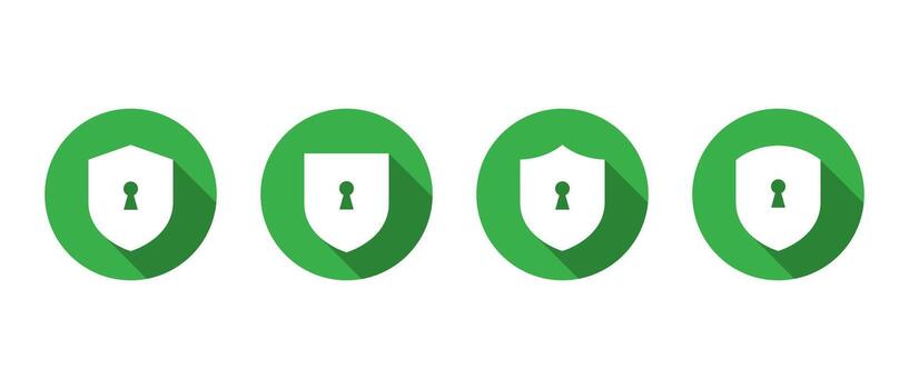 Shield security icon set with long shadow. Lock keyhole symbol in privacy protection badge vector