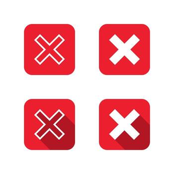 Cross icon with long shadow. Cancel or close button symbol. Error mark, X sign in red square vector