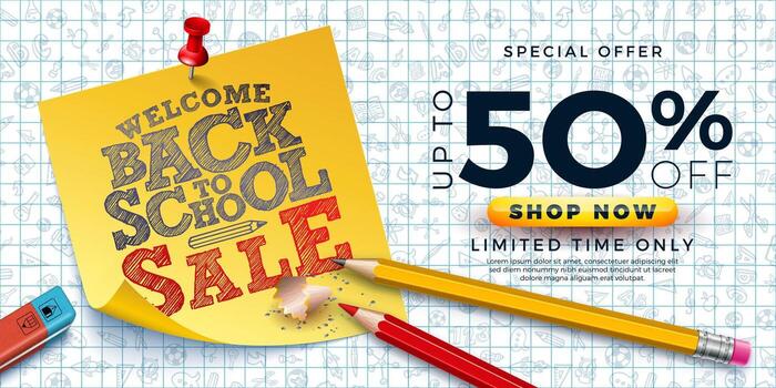 Back to School Sale Banner Design with Graphite Pencil and Sticky Notes on Checkered Notebook Hand Drawn Doodles Background. Business Concept Illustration with Special Offer Text Elements for vector