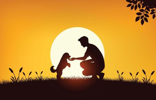 Boy and dog silhouette at sunset vector
