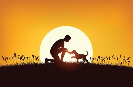 Person with dog at sunset vector