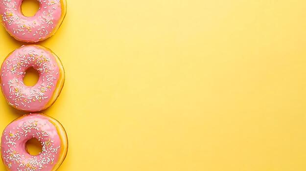 Three Pink Frosted Donuts with Sprinkles on Yellow Background. photo