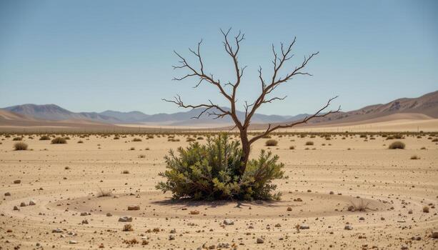 a bush growing at the base of a lone, leafless tree in the middle of a desert plain. photo