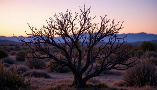 a bush with long, flowing branches standing proudly under the soft hues of twilight, untouched by life. photo