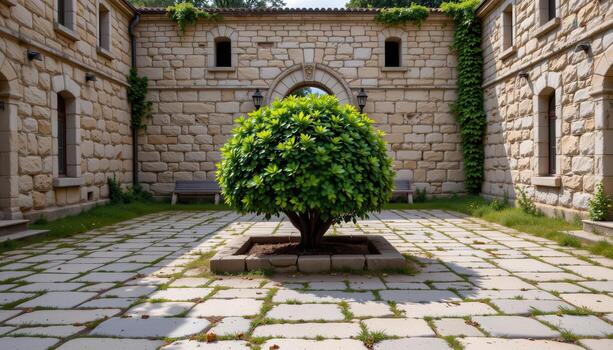 a symmetrical bush in the center of a stone courtyard, long abandoned. photo