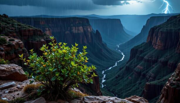 un lluvia mojado arbusto a el borde de un oscuro cañón, iluminado por iluminación. foto