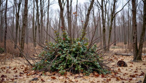 a wild bush surrounded by bare trees in the middle of a leafless forest. photo