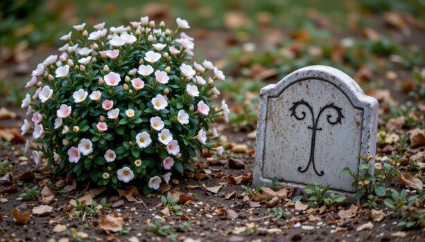a bush with soft petals growing beside a weathered stone marker in solitude. photo
