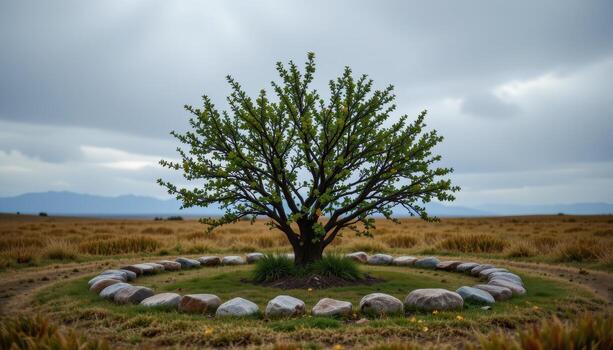 a bush in the center of a circle of stones under a quiet, cloudy sky. photo