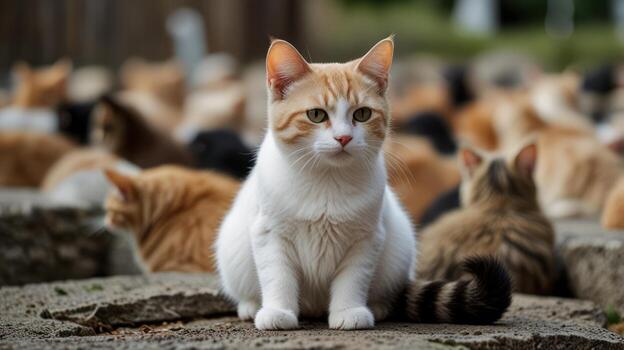 A ginger and white cat amidst a multitude of felines photo