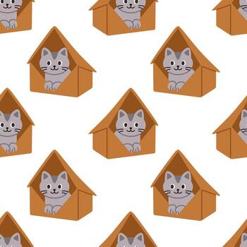 seamless pattern with gray cats sitting in cardboard houses. Cute kittens in box houses on white background pattern. Seamless print for wrapping paper, cover, textile design. vector