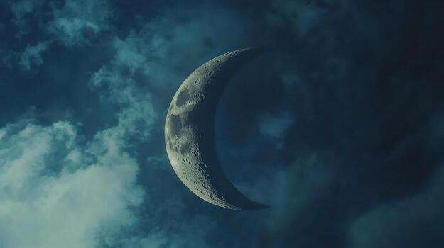 Crescent moon shrouded by dark clouds photo