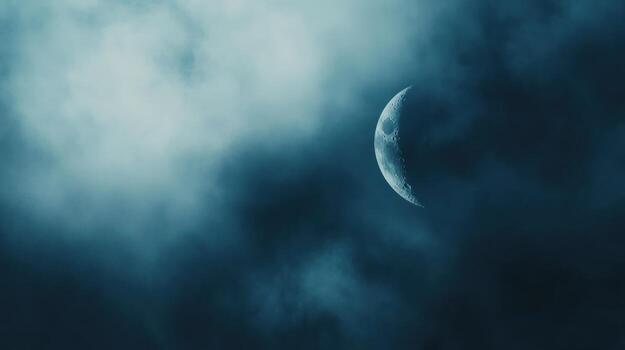 Crescent moon shrouded in dark clouds photo