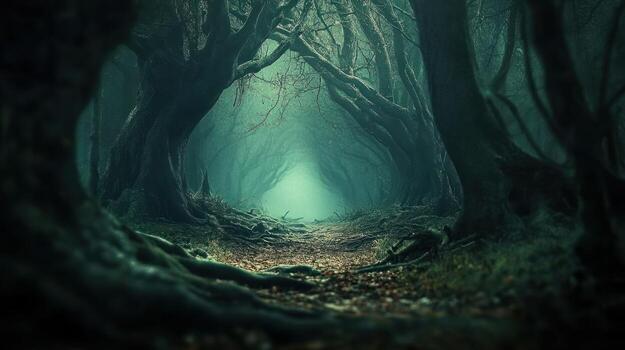 Mystical forest path in a dense fog photo