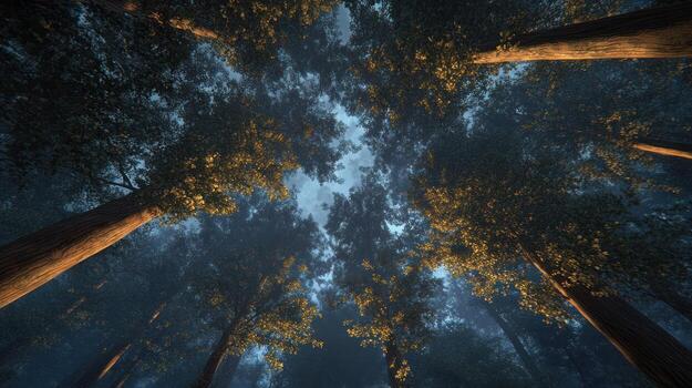 Looking up at tall trees in a misty forest at sunset photo