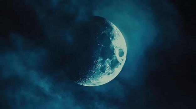 Crescent moon in a dark, cloudy night sky photo