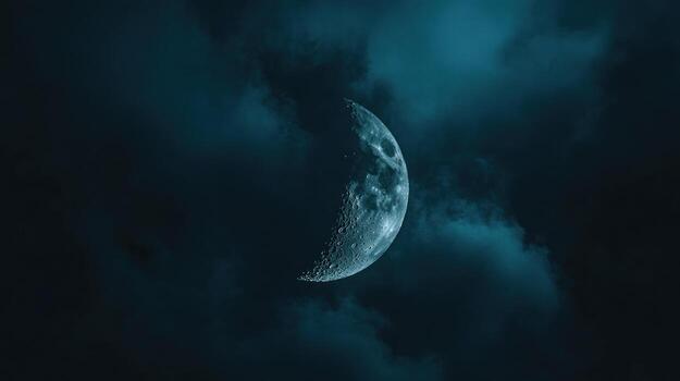 Crescent moon shrouded in dark, stormy clouds photo
