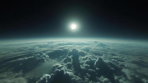 A sunlit alien world with dense clouds photo