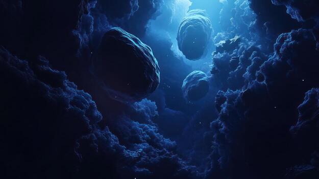 Dark, cloudy space with floating objects photo