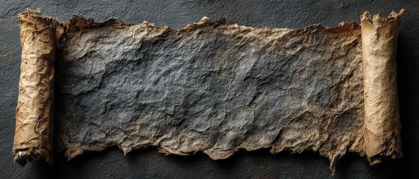 Ancient scroll with rustic texture on dark surface photo