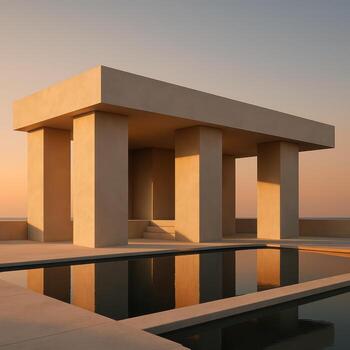 A concrete building with a pool in front of it photo